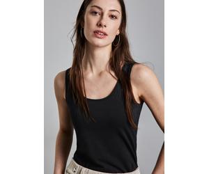 Tanktop STREET ONE "Style Anni", Damen, Gr. 44, schwarz, Jersey, Obermaterial: 48% Baumwolle, 48% Modal, 4% Elasthan, unifarben, regular fit taillenbedeckt, Rundhals, Tops Tanktop (39969751-44) schwar