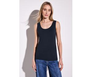 Tanktop STREET ONE "Style Anni", Damen, Gr. 46, blau (tiefblau), Jersey, Obermaterial: 48% Baumwolle, 48% Modal, 4% Elasthan, unifarben, regular fit taillenbedeckt, Rundhals, Tops Tanktop (44782127-46