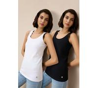 Tanktop TAMARIS, Damen, Gr. 46, schwarz-weiß (schwarz, weiß), Single Jersey, Obermaterial: 95% Baumwolle, 5% Elasthan, unifarben, Basic, figurbetont hüftbedeckend, Rundhals, Tops Tanktop, figurbetonte