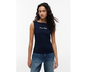 Tanktop TOMMY HILFIGER "CLASSIC SCRIPT BOAT-NK TOP", Damen, Gr. L (42/44), blau (schwarz night navy), Single Jersey, Obermaterial: 95% Baumwolle, 5% Elasthan, unifarben, regular fit normal, U-Boot-Aus
