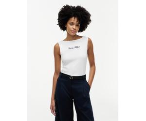 Tanktop TOMMY HILFIGER "CLASSIC SCRIPT BOAT-NK TOP", Damen, Gr. XL (46), weiß (ecru), Single Jersey, Obermaterial: 95% Baumwolle, 5% Elasthan, unifarben, regular fit normal, U-Boot-Ausschnitt, Tops Ta