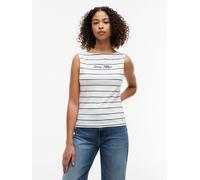 Tanktop TOMMY HILFIGER "CLASSIC SCRIPT BOAT-NK TOP", Damen, Gr. XS (34), fine stp ecru, schwarz night navy, Single Jersey, Obermaterial: 95% Baumwolle, 5% Elasthan, gestreift, regular fit normal, U-Bo