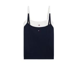 Tanktop TOMMY JEANS "TJW 2PACK ESSENTIAL STRAP TOP", Damen, Gr. M (38), blau (ecru, schwarz night navy), Jersey, Obermaterial: 95% Baumwolle, 5% Elasthan, unifarben, figurbetont kurz, eckiger Ausschni