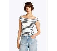 Tanktop TOMMY JEANS "TJW BOAT NECK TOP SS EXT", Damen, Gr. M (38), blau (ecru, navy), Single Jersey, Obermaterial: 95% Baumwolle, 5% Elasthan, gestreift, slim fit kurz, U-Boot-Ausschnitt, Tops Tanktop
