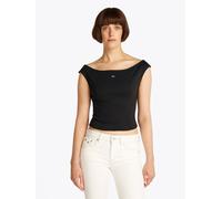 Tanktop TOMMY JEANS "TJW BOAT NECK TOP SS EXT", Damen, Gr. S (36), schwarz, Single Jersey, Obermaterial: 95% Baumwolle, 5% Elasthan, unifarben, slim fit kurz, U-Boot-Ausschnitt, Tops Tanktop, mit Logo