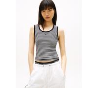 Tanktop TOMMY JEANS "TJW ESSENTIAL RIB TANK EXT", Damen, Gr. L (40), schwarz, ecru stripe, Single Jersey, Obermaterial: 95% Baumwolle, 5% Elasthan, gestreift, figurbetont kurz, Rundhals, Tops Tanktop,