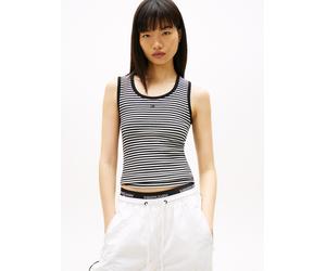 Tanktop TOMMY JEANS "TJW ESSENTIAL RIB TANK EXT", Damen, Gr. XS (34), schwarz, ecru stripe, Single Jersey, Obermaterial: 95% Baumwolle, 5% Elasthan, gestreift, figurbetont kurz, Rundhals, Tops Tanktop