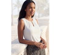 Tanktop VIVANCE, Damen, Gr. 40/42, beige (creme), Single Jersey, Obermaterial: 100% Viskose, unifarben, modisch, figurumspielend hüftlang, V-Ausschnitt, ohne Ärmel, Tops, mit goldenem Zieraccessoire, 