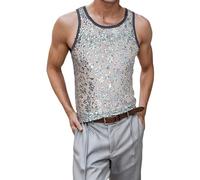 Tanktops Männer, Top Herren Paillettenweste Einfarbig Pailletten Spleißen Elastische Dünne Rundhalsweste Bühnenbekleidung (Grey XL)
