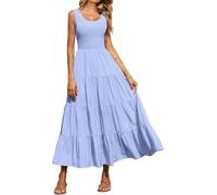 TANMESSO Damen ärmelloses Maxikleid | mehrstöckige lange Sommerkleider für den Alltag, licht blau, S