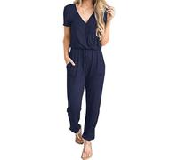 TANMESSO Damen Jumpsuit Kurzarm Tiefer V-Ausschnitt Kordelzug Sommer Casual Jumpsuit, Marineblau, L