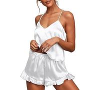 TANMESSO Damen-Pyjama-Set aus Seide mit Satin-Rüschen, Camisole Dessous, 2-teilige Nachtwäsche, weiß, S