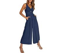 TANMESSO Damen Sommer Weites Bein Leinen Jumpsuit V-Ausschnitt Ärmellos Strampler für Casual Strand Urlaub Outfits, blau, M