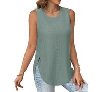 Tanmolo Ärmelloses Tank Top Damen Rundhals Sommer Oberteil Seitenschlitz Lochmuster Freizeit Urlaub M Bohnengrün