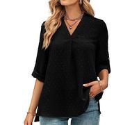 Tanmolo Bluse Damen 3/4 Ärmel mit V-Ausschnitt Elegant Oberteile Casual Swiss Dot Tops Tunika Schwarz, XXL