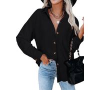 Tanmolo Bluse Damen Langarm Hemdjacke Elegant Hemdbluse Baumwolle Langarmshirt Blusen Waffelbluse Lässig Oberteile Tops mit Knöpfen Hemd Schwarz, XL