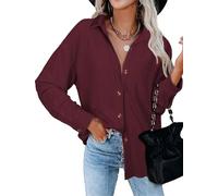 Tanmolo Bluse Damen Langarm Hemdjacke Elegant Hemdbluse Baumwolle Langarmshirt Blusen Waffelbluse Lässig Oberteile Tops mit Knöpfen Hemd Weinrot, M