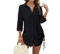 Tanmolo Bluse Damen Longbluse V-Ausschnitt Hemdbluse Langarm Tunika mit Kordelzug Lässiges Langarmshirt zum Knöpfen Casual Aufrollen Tops Schwarz L