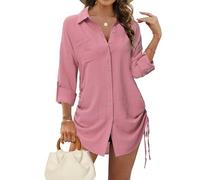 Tanmolo Bluse Damen Longbluse V-Ausschnitt Hemdbluse Langarm Tunika mit Kordelzug Lässiges Langarmshirt zum Knöpfen Casual Aufrollen Tops Dunkelrosa M