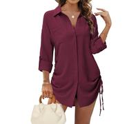 Tanmolo Bluse Damen Longbluse V-Ausschnitt Hemdbluse Langarm Tunika mit Kordelzug Lässiges Langarmshirt zum Knöpfen Casual Aufrollen Tops Weinrot XXL