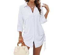 Tanmolo Bluse Damen Longbluse V-Ausschnitt Hemdbluse Langarm Tunika mit Kordelzug Lässiges Langarmshirt zum Knöpfen Casual Aufrollen Tops Weiß XXL
