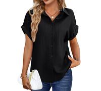 Tanmolo Bluse Damen Sommer Shirt Kurzarm Oberteile V-Ausschnitt Sommerbluse Lässiges Hemd zum Knöpfen Tops Elegantes Damenblusen Schwarz, L