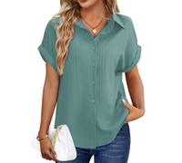 Tanmolo Bluse Damen Sommer Shirt Kurzarm Oberteile V-Ausschnitt Sommerbluse Lässiges Hemd zum Knöpfen Tops Elegantes Damenblusen Grün, XL