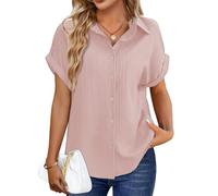 Tanmolo Bluse Damen Sommer Shirt Kurzarm Oberteile V-Ausschnitt Sommerbluse Lässiges Hemd zum Knöpfen Tops Elegantes Damenblusen Rosa, M