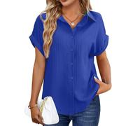 Tanmolo Bluse Damen Sommer Shirt Kurzarm Oberteile V-Ausschnitt Sommerbluse Lässiges Hemd zum Knöpfen Tops Elegantes Damenblusen Blau, S