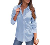 Tanmolo Damen Bluse Sommer Hemdbluse Baumwolle Hemd mit Abnähern Reverskragen Business Blusen mit Knopfleiste Elegante V-Ausschnitt Blusenshirt Tops Himmelblau XL