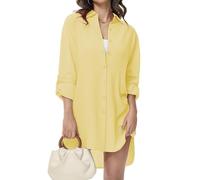 Tanmolo Damen Bluse V-Ausschnitt Hemdbluse Langarm Lässiges Hemd zum Knöpfen Langarmshirt Casual Oberteile Aufrollen Tops (Hellgelb,XXL)