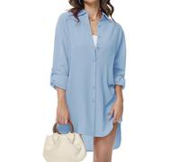 Tanmolo Damen Bluse V-Ausschnitt Hemdbluse Langarm Lässiges Hemd zum Knöpfen Langarmshirt Casual Oberteile Aufrollen Tops (Hellblau,M)