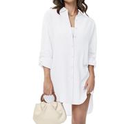 Tanmolo Damen Bluse V-Ausschnitt Hemdbluse Langarm Lässiges Hemd zum Knöpfen Langarmshirt Casual Oberteile Aufrollen Tops (Weiß,L)