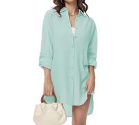 Tanmolo Damen Bluse V-Ausschnitt Hemdbluse Langarm Lässiges Hemd zum Knöpfen Langarmshirt Casual Oberteile Aufrollen Tops (Minzgrün,M)