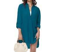 Tanmolo Damen Bluse V-Ausschnitt Hemdbluse Langarm Lässiges Hemd zum Knöpfen Langarmshirt Casual Oberteile Aufrollen Tops (Türkis,M)