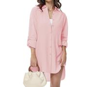 Tanmolo Damen Bluse V-Ausschnitt Hemdbluse Langarm Lässiges Hemd zum Knöpfen Langarmshirt Casual Oberteile Aufrollen Tops (Hellrosa,L)