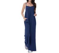 Tanmolo Damen Jumpsuit Elegant Sommer Kurzarm Overall Weites Bein Romper Mit Taschen Latzhose Navy Blau, L