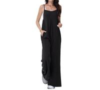 Tanmolo Damen Jumpsuit Elegant Sommer Kurzarm Overall Weites Bein Romper Mit Taschen Latzhose Schwarz, L