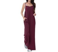 Tanmolo Damen Jumpsuit Elegant Sommer Kurzarm Overall Weites Bein Romper Mit Taschen Latzhose Weinrot, XL