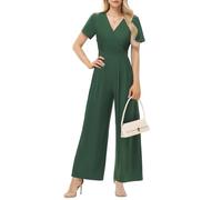 Tanmolo Damen Jumpsuit Elegant Sommer Kurzarm V-Ausschnitt Overall Weites Bein Romper Mit Taschen Dunkelgrün, XXL