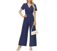 Tanmolo Damen Jumpsuit Elegant Sommer Kurzarm V-Ausschnitt Overall Weites Bein Romper Mit Taschen Navy Blau, L