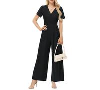 Tanmolo Damen Jumpsuit Elegant Sommer Kurzarm V-Ausschnitt Overall Weites Bein Romper Mit Taschen Schwarz, 3XL