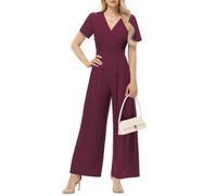 Tanmolo Damen Jumpsuit Elegant Sommer Kurzarm V-Ausschnitt Overall Weites Bein Romper Mit Taschen Weinrot, XL