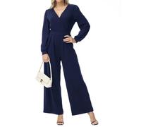 Tanmolo Damen Lang Jumpsuit Langarm V-Ausschnitt Overall Elegant Hosenanzug Weites Bein Romper Mit Taschen Navy Blau, L