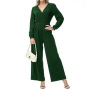 Tanmolo Damen Lang Jumpsuit Langarm V-Ausschnitt Overall Elegant Hosenanzug Weites Bein Romper Mit Taschen Dunkelgrün, L