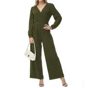 Tanmolo Damen Lang Jumpsuit Langarm V-Ausschnitt Overall Elegant Hosenanzug Weites Bein Romper Mit Taschen Armeegrün, M
