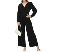 Tanmolo Damen Lang Jumpsuit Langarm V-Ausschnitt Overall Elegant Hosenanzug Weites Bein Romper Mit Taschen Schwarz, XXL