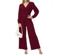 Tanmolo Damen Lang Jumpsuit Langarm V-Ausschnitt Overall Elegant Hosenanzug Weites Bein Romper Mit Taschen (Weinrot, S)