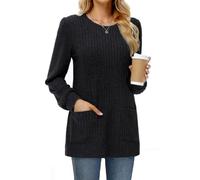 Tanmolo Damen Leichte Pullover Casual Rundhals Langarm Shirts mit Taschen Strickpullover Herbst Tunika Winter Oberteile Schwarz, XL
