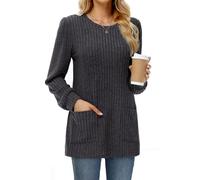 Tanmolo Damen Leichte Pullover Casual Rundhals Langarm Shirts mit Taschen Strickpullover Herbst Tunika Winter Oberteile Dunkelgrau, S